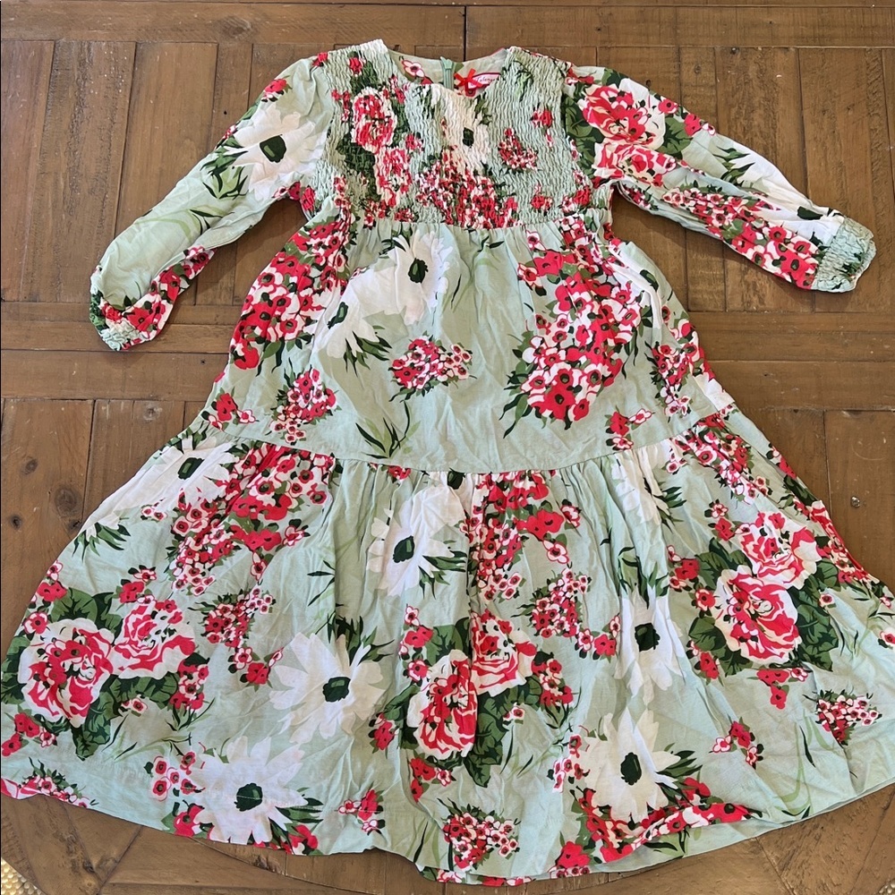 Melange girl green smocked floral print dress 12 years modest spring Easter